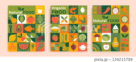 Natural food, fruits, vegetables,nuts and mushrooms on geometric background.Bright template icons of most popular organic food for web, design,packaging,label, advertise and print. Vector illustration 139215789