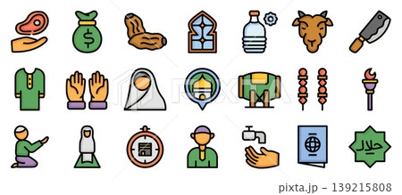 Eid al Adha Outline Color Icons Set.Vector Illustration 139215808