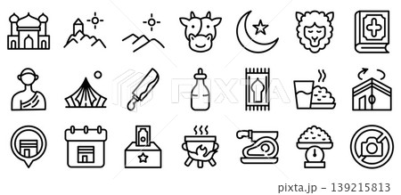 Eid al Adha and Hajj Outline Icons Collection.Vector illustration Eid al Adha and Hajj Outline Icons Collection.Vector illustration 139215813