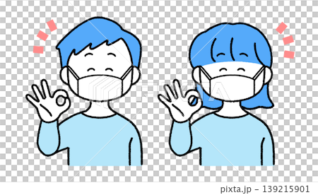 OKサインをするマスク姿の子どもイラスト｜使いやすいシンプルカラー 139215901