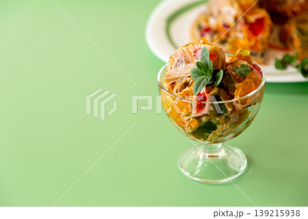 sweet layered jelly dessert with fruit and coffee flavors closeup 139215938