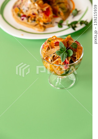 chilled coffee fruit jelly dessert served in glass with copy space 139215939