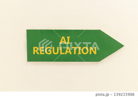 AI regulation symbol. Concept words AI artificial intelligence regulation on beautiful green sign. Beautiful white wall background. Business AI artificial intelligence regulation concept. Copy space. 139215986