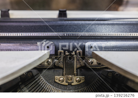 Vintage retro typewriter mechanical keys and carriage closeup macro detail abstract black and white nostalgic Vintage retro typewriter mechanical keys and carriage closeup macro detail abstract black and white nostalgic 139216276