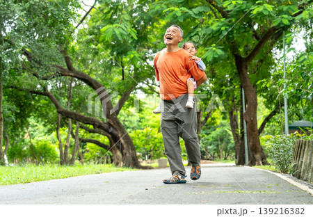 Asian grandfather carry the little girl with ride on his back and walk along the road in public park or garden and enjoy fun activity together with happiness. Asian grandfather carry the little girl with ride on his back and walk along the road in public park or garden and enjoy fun activity together with happiness. 139216382