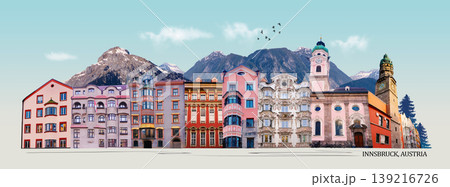 Historic facades at old street of Innsbruck view, alpine city in Tirol, region of Austria Historic facades at old street of Innsbruck view, alpine city in Tirol, region of Austria 139216726