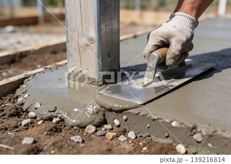 Construction worker smoothing wet concrete around a wooden post with a trowel Construction worker smoothing wet concrete around a wooden post with a trowel 139216814