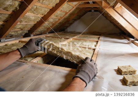 Homeowner installing insulation in attic space for energy efficiency and soundproofing Homeowner installing insulation in attic space for energy efficiency and soundproofing 139216836