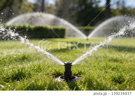 Automatic lawn sprinklers watering green grass on a sunny day with water droplets in motion Automatic lawn sprinklers watering green grass on a sunny day with water droplets in motion 139216837