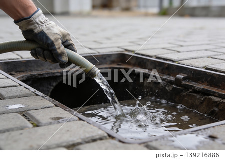 Worker in glove pours water from hose into open sewer drain on paved street Worker in glove pours water from hose into open sewer drain on paved street 139216886