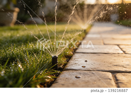 Automatic lawn sprinkler watering green grass with water droplets and golden hour sunlight Automatic lawn sprinkler watering green grass with water droplets and golden hour sunlight 139216887