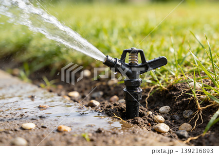 Garden sprinkler spraying water onto soil and grass, close-up shot 139216893