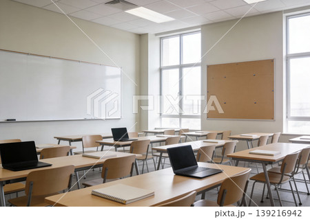 Modern empty classroom with laptops and whiteboards ready for learning Modern empty classroom with laptops and whiteboards ready for learning 139216942