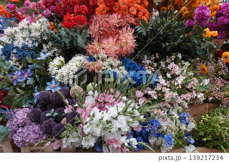 Colorful flower market stall with assorted fresh bouquets Colorful flower market stall with assorted fresh bouquets 139217234
