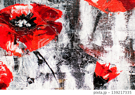 artistic black background with white and red paint spots in the form of flowers 139217335
