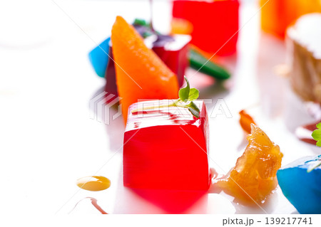 jelly colorful fruits gelatine on white 139217741