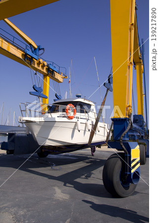 boat crane travelift lifting motorboat boat crane travelift lifting motorboat 139217890