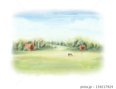Watercolor rural farm landscape. Rustic background illustration. 139217924