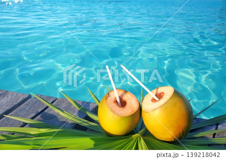 coconuts cocktail palm tree leaf in Caribbean coconuts cocktail palm tree leaf in Caribbean 139218042