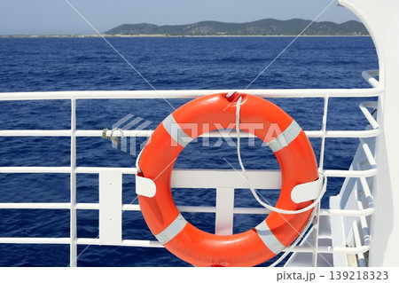 Cruise white boat handrail detail in blue sea 139218323