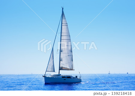 blue sailboat sailing mediterranean sea blue sailboat sailing mediterranean sea 139218418