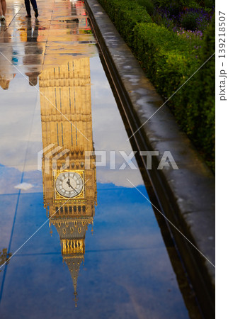Big Ben Clock Tower puddle reflection London Big Ben Clock Tower puddle reflection London 139218507
