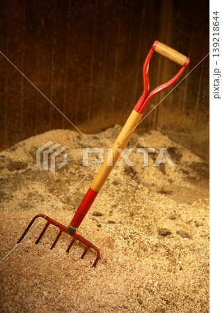 Horse stable witth straw fork tool, sawdust. 139218644