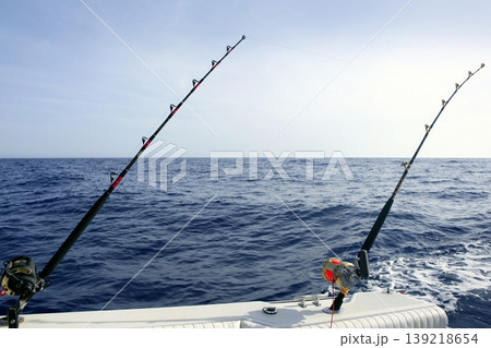 Blue Mediterranean fishing boat rod and reels Blue Mediterranean fishing boat rod and reels 139218654