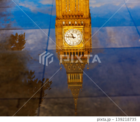 Big Ben Clock Tower puddle reflection London Big Ben Clock Tower puddle reflection London 139218735