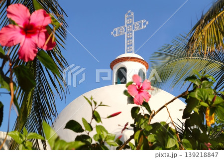 Playa del Carmen white Mexican church archs belfry Playa del Carmen white Mexican church archs belfry 139218847