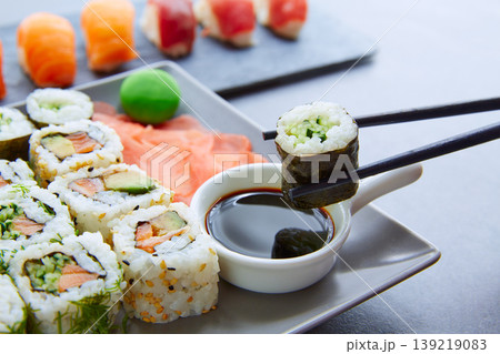 Sushi Maki and Niguiri soy sauce and wasabi Sushi Maki and Niguiri soy sauce and wasabi 139219083