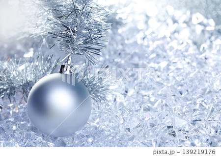christmas baubles silver on winter ice with star christmas baubles silver on winter ice with star 139219176