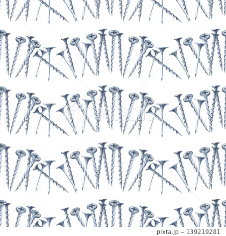 Industrial seamless pattern with rows of realistic silvery metal screws and bolts on an insulated background. The watercolor illustration repeats itself perfectly, making it ideal for decorating 139219281