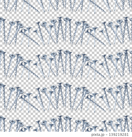 Industrial seamless pattern with rows of realistic silvery metal screws and bolts on an insulated background. The watercolor illustration repeats itself perfectly, making it ideal for decorating 139219281