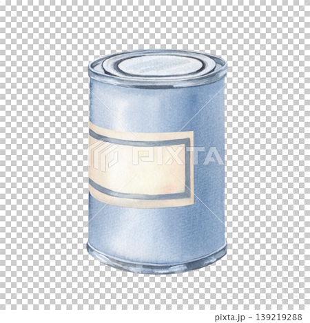 A realistic hand-painted watercolor illustration of a cylindrical metal tin can. Blue-grey metallic texture and a blank, off-white label on the front. Isolated on a white background. For creating 139219288