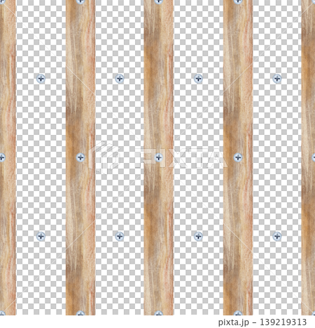 A minimalist and rustic seamless pattern hand-painted in watercolor, featuring vertical light brown wooden planks and realistic steel screws with a cross-head drive on an isolated background 139219313