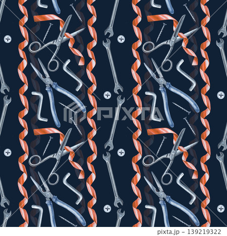 Watercolor seamless pattern with professional hand tools and festive red ribbons on a dark navy blue background with a subtle vertical texture. Background for Father's Day gift wrap, workshop decor 139219322