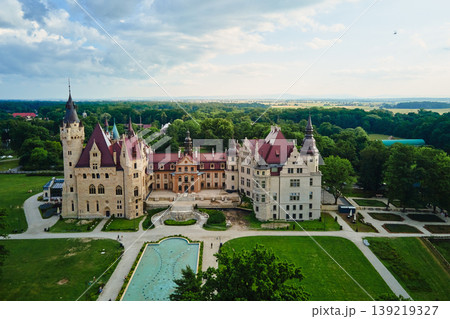 Aerial view of historic castle and park in Moszna, Poland Aerial view of historic castle and park in Moszna, Poland 139219327