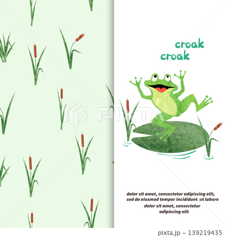 Marsh vector set. Cartoon Frog on lily pad and reeds pattern Marsh vector set. Cartoon Frog on lily pad and reeds pattern 139219435