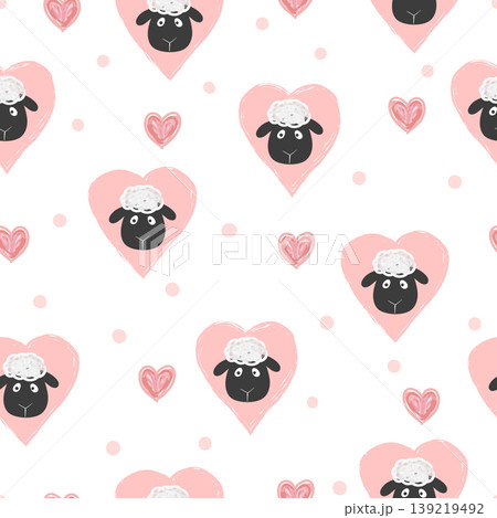 Seamless heart pattern with cute sheep. Baby print, wallpaper for kids 139219492