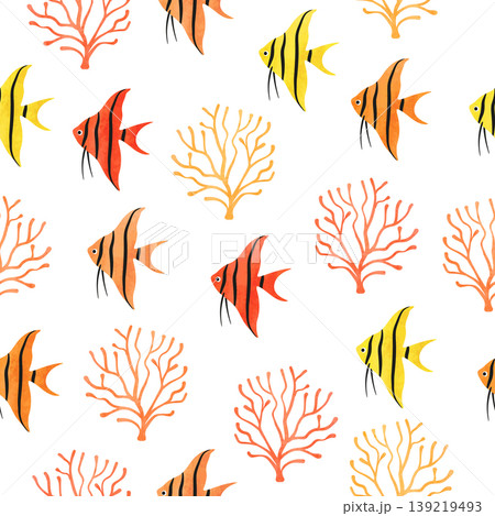 Bright Fish seamless pattern. Underwater watercolor coral reef background Bright Fish seamless pattern. Underwater watercolor coral reef background 139219493