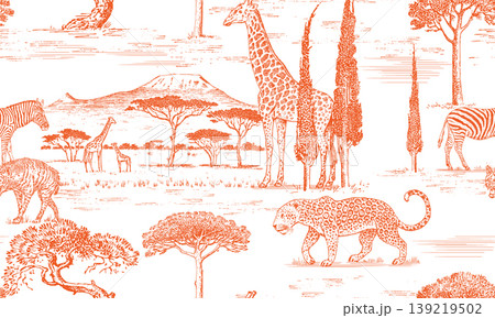 African Toile de Jouy seamless pattern with safari and Kilimanjaro. Savanna animals giraffe, leopard 139219502