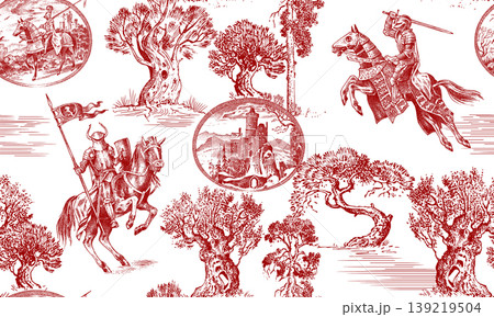 Medieval toile de jouy seamless pattern with Knights armoured and horseback in front of castles and Medieval toile de jouy seamless pattern with Knights armoured and horseback in front of castles and 139219504