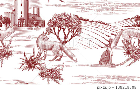 Toile de Jouy seamless pattern with forest animals and Castles. Fox, hares and old oak trees. Rural 139219509