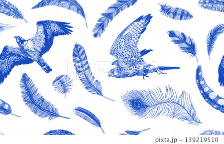 Birds and feathers seamless pattern. Common kestrel and osprey. Blue hand drawn engraved banner for 139219510