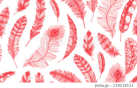 Seamless pattern with red feathers from different wild birds, eagles and owls. Peacock and goose 139219511