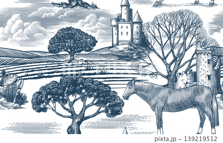 Toile de Jouy seamless pattern with a horse and Castles in ruins with old leafless oak tree. Rural Toile de Jouy seamless pattern with a horse and Castles in ruins with old leafless oak tree. Rural 139219512