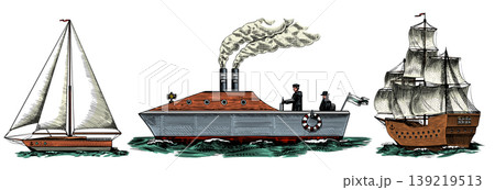 Sailboat in the sea, Seagoing vessel with steam smoke from the pipe. Marine ship, Pirate frigate or Sailboat in the sea, Seagoing vessel with steam smoke from the pipe. Marine ship, Pirate frigate or 139219513