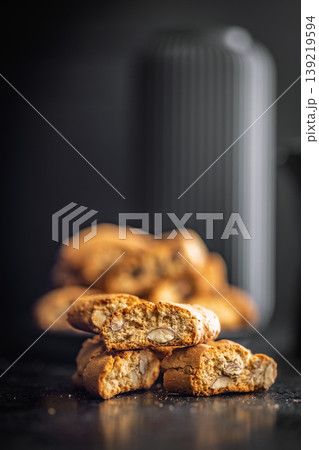 Grissini. Stacked Almond Biscotti Cookies Close-Up With Rustic Texture for Coffee, Dessert and Breakfast Treats 139219594