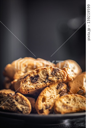 Grissini. Almond Biscotti Cookies on a Plate - Crunchy Italian Biscotti Dessert for Coffee or Tea 139219599